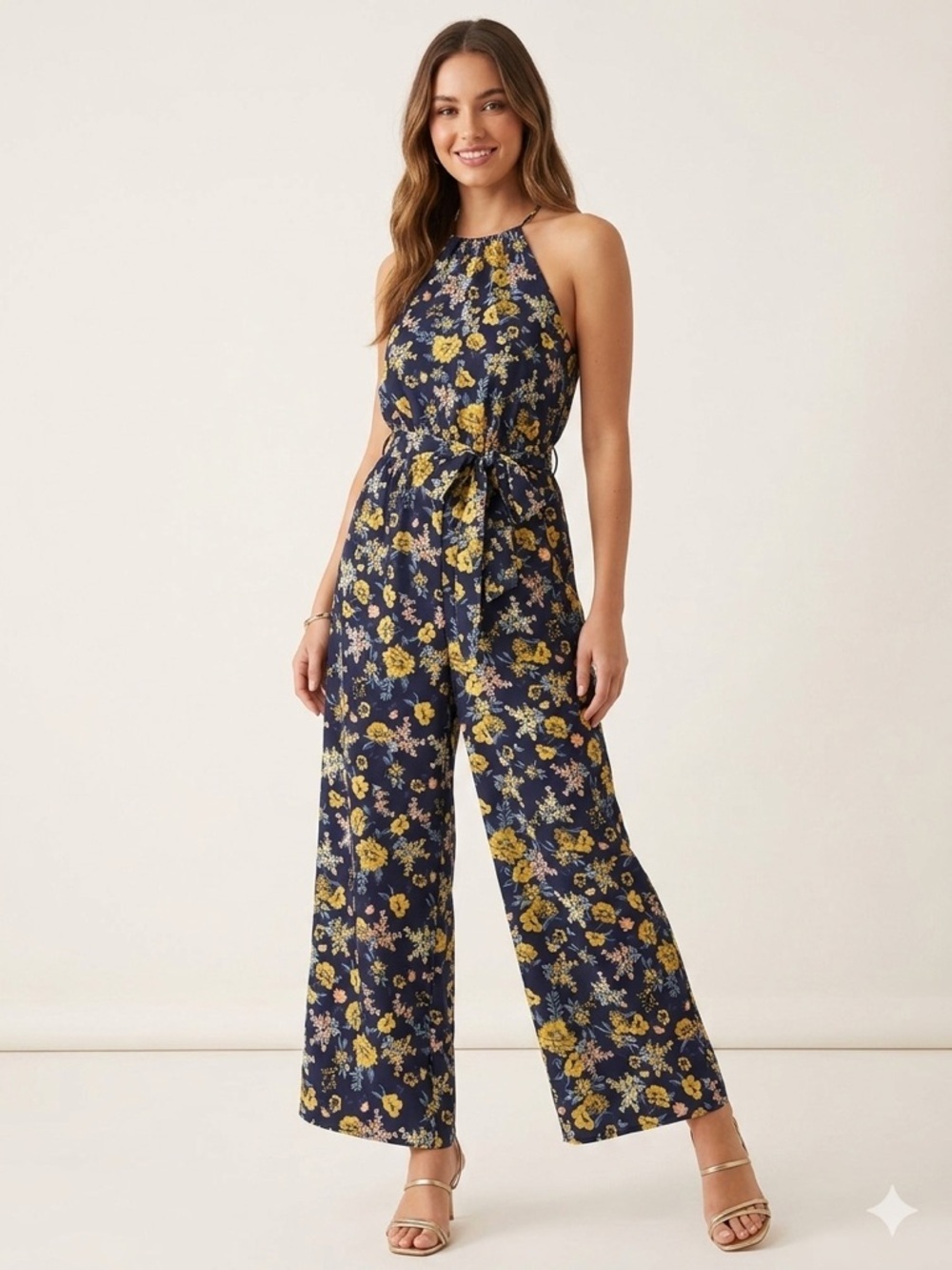 Baltic Born Promesa Halter Jumpsuit in Blue Yellow Floral - Size S